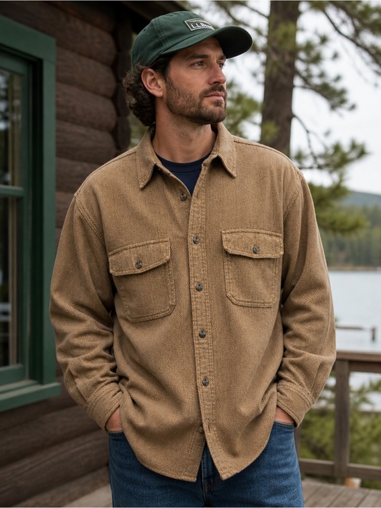 L.L. Bean Other - L.L. Bean Men’s XXL Tall Herringbone Button-Up Shirt Tan Cotton Outdoor Workwear